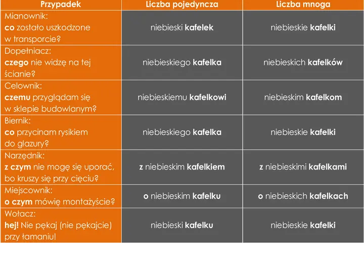 Tabela z przypadkami gramatycznymi i odmianą słowa "niebieski kafelek" w liczbie pojedynczej i mnogiej.