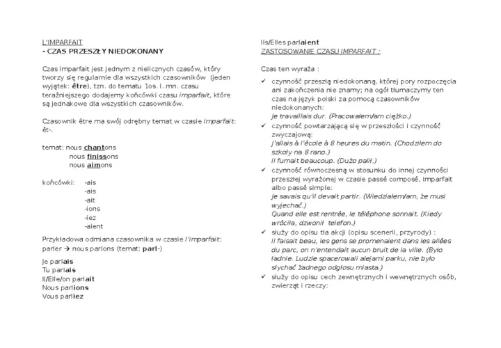 Fragment tekstu o francuskim czasie przeszłym imparfait, z przykładami odmian i zastosowań.
