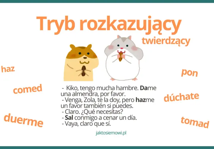 Dwa chomiki, tekst "Tryb rozkazujący" i hiszpańskie słowa.