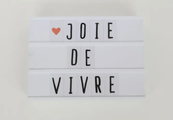 Biała tablica świetlna z napisem "JOIE DE VIVRE" i pomarańczowym serduszkiem.