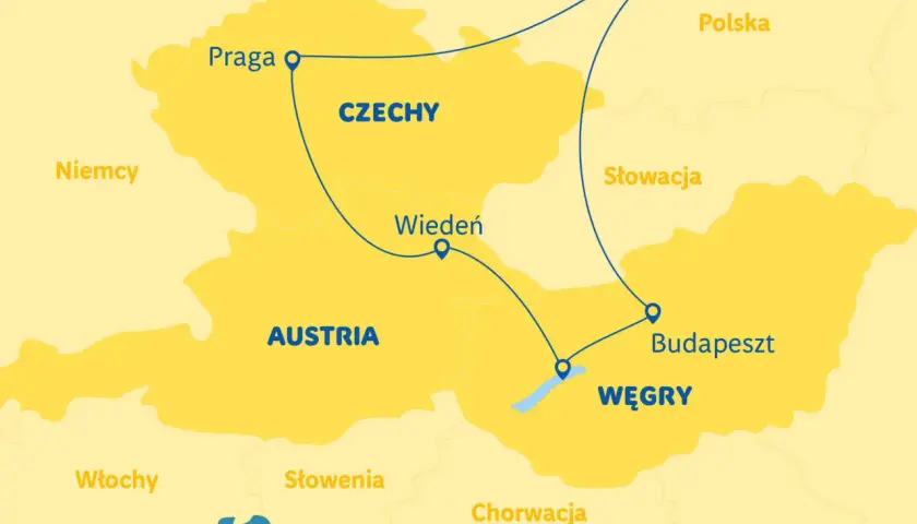 Mapa Europy Środkowej z zaznaczoną trasą wycieczki Praga-Wiedeń-Budapeszt. Idealna na wycieczkę 3 dni!