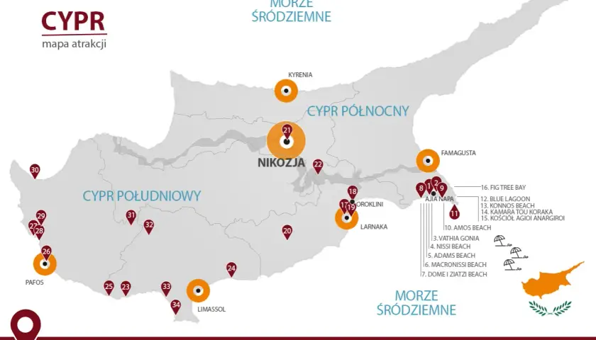 Mapa atrakcji Cypru z zaznaczonymi miejscami do zwiedzania. Widoczne miasta: Nikozja, Pafos, Limassol, Larnaka, Famagusta, Kyrenia.