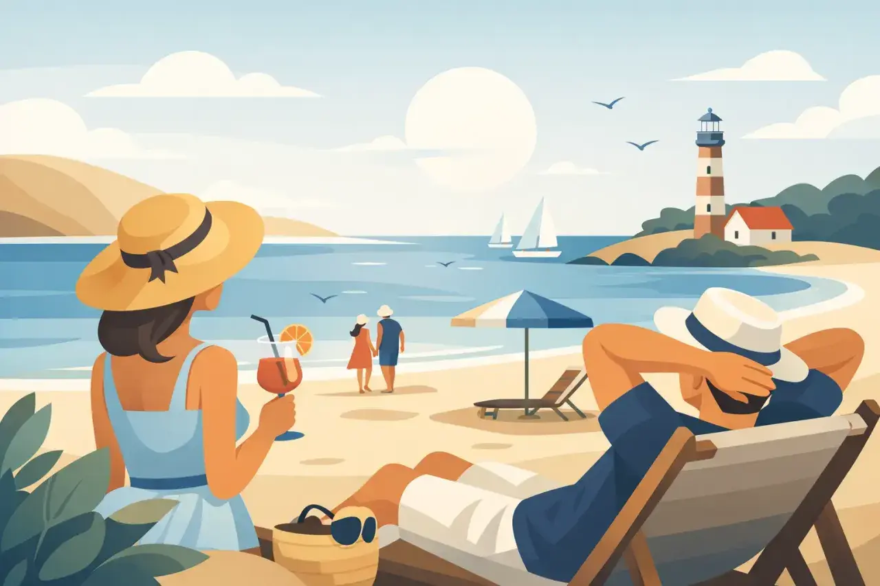 Relaks na plaży w Łebie, idealne łeba atrakcje dla dorosłych. Para spaceruje, ktoś pije drinka, a ktoś inny odpoczywa w leżaku.