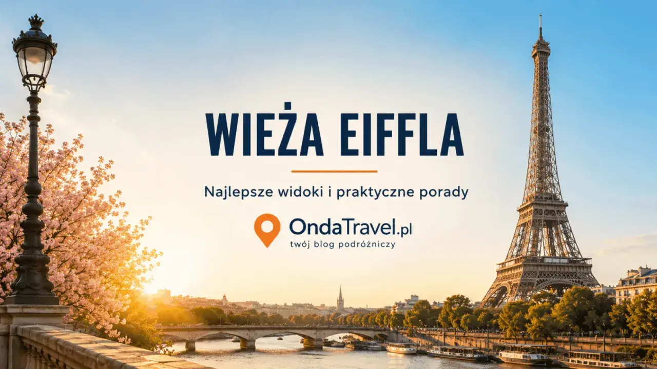 Wieża Eiffla w Paryżu o zachodzie słońca, z kwitnącą wiśnią i widokiem na Sekwanę.