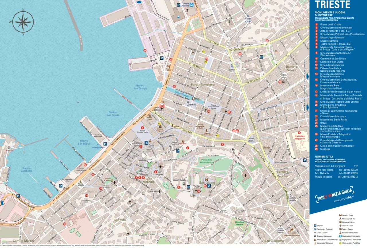Mapa turystyczna Triestu z zaznaczonymi zabytkami i atrakcjami. Widać port, ulice i budynki. Idealna na wycieczkę na triest plaża.