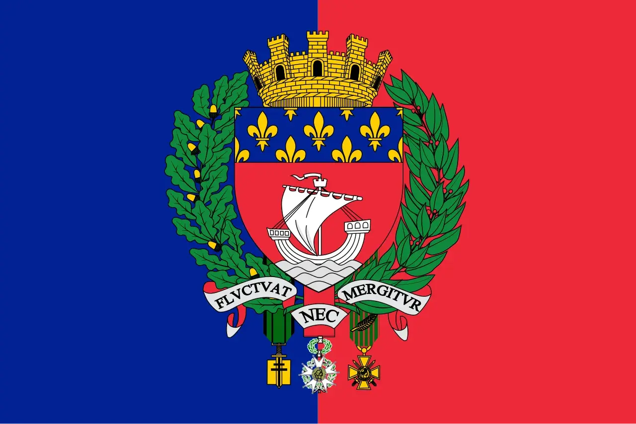 Herb Paryża: czerwono-niebieska flaga z herbem, koroną, żaglowcem i wieńcem laurowym.