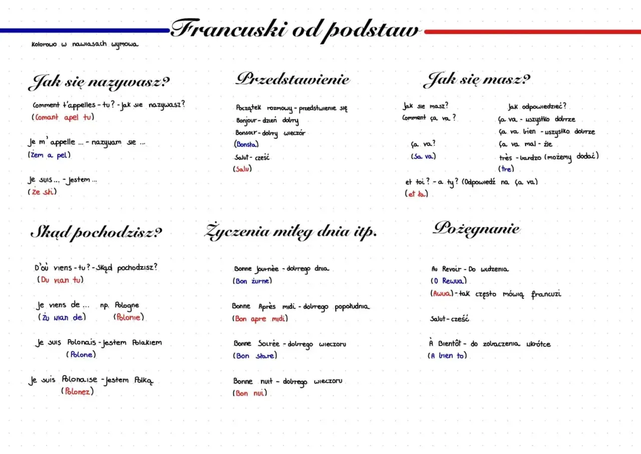 Francuski od podstaw: powitanie po francusku, przedstawianie się, jak się masz, skąd pochodzisz, życzenia i pożegnania.