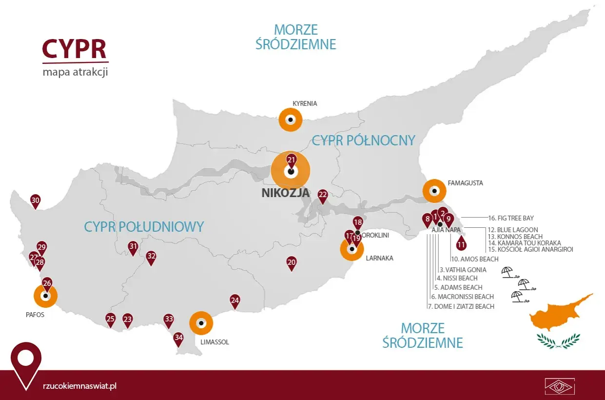 Mapa atrakcji Cypru z zaznaczonymi miejscami do zwiedzania. Widoczne miasta: Nikozja, Pafos, Limassol, Larnaka, Famagusta, Kyrenia.