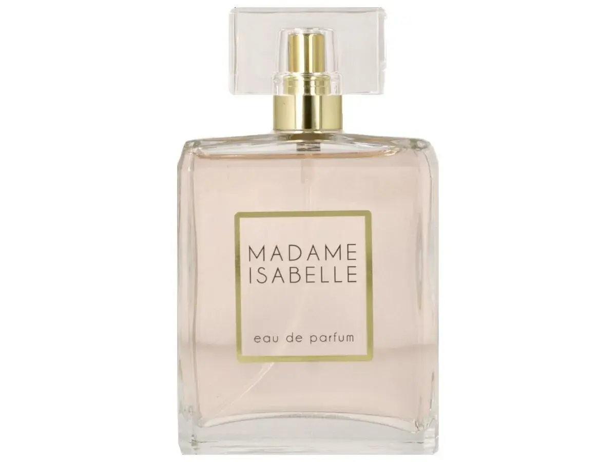 Szklana butelka perfum "Madame Isabelle" z różowym płynem.