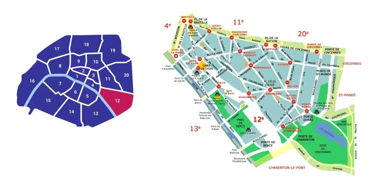 Mapa Paryża z zaznaczonymi dzielnicami. 12 dzielnica Paryża, oznaczona kolorem różowym, znajduje się na wschodzie, obok 11 i 20 dzielnicy.