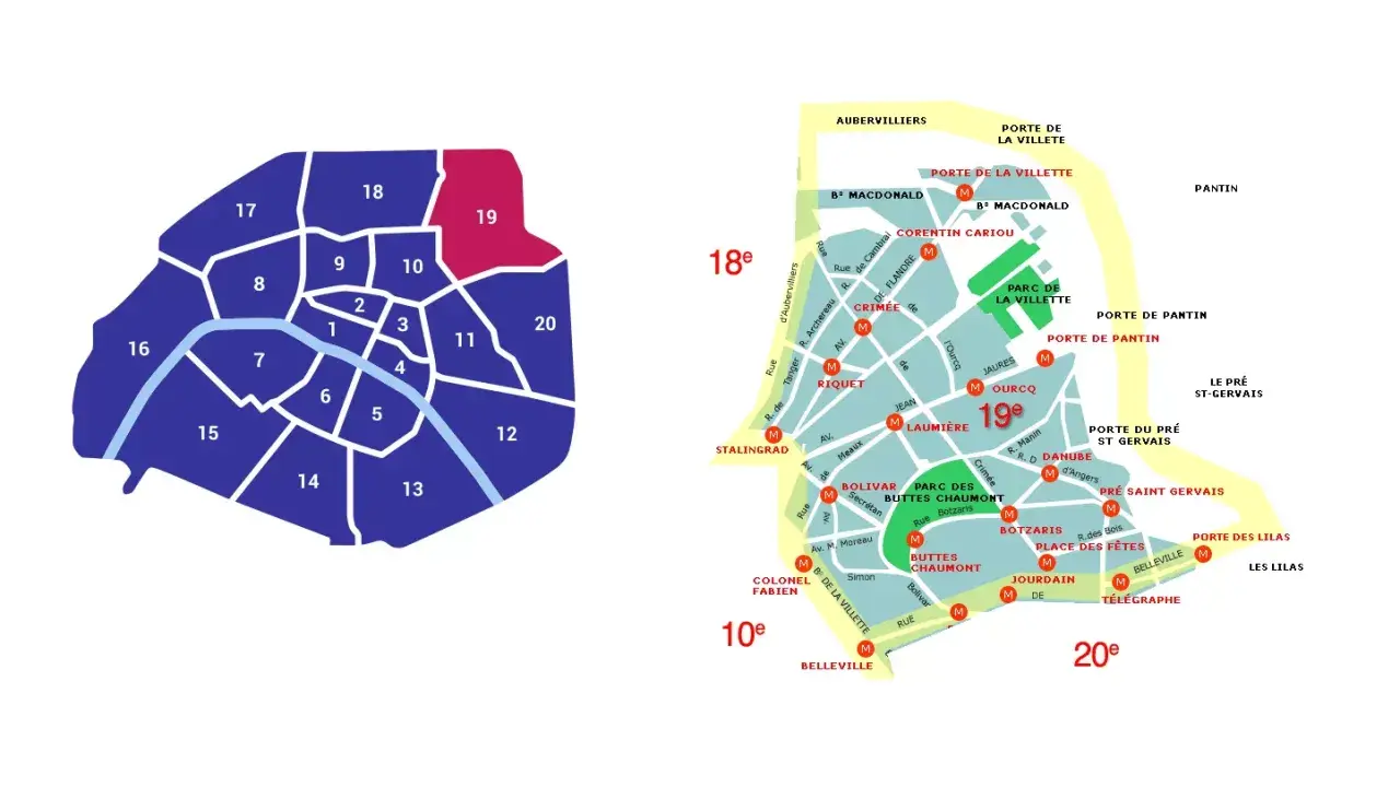 Mapa Paryża z zaznaczonymi dzielnicami, wyróżniona 19. dzielnica.