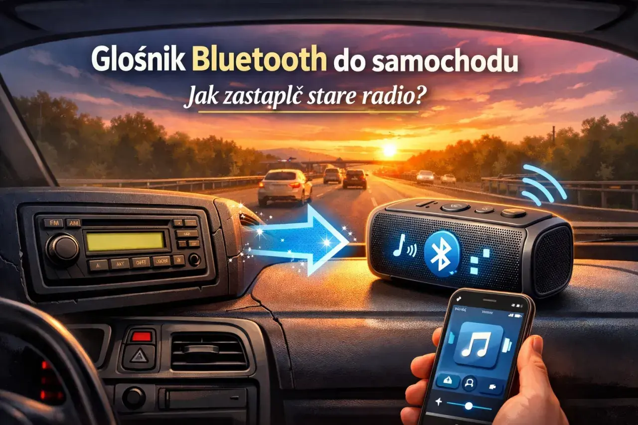 Głośnik Bluetooth w samochodzie, obok radia, z telefonem w dłoni.
