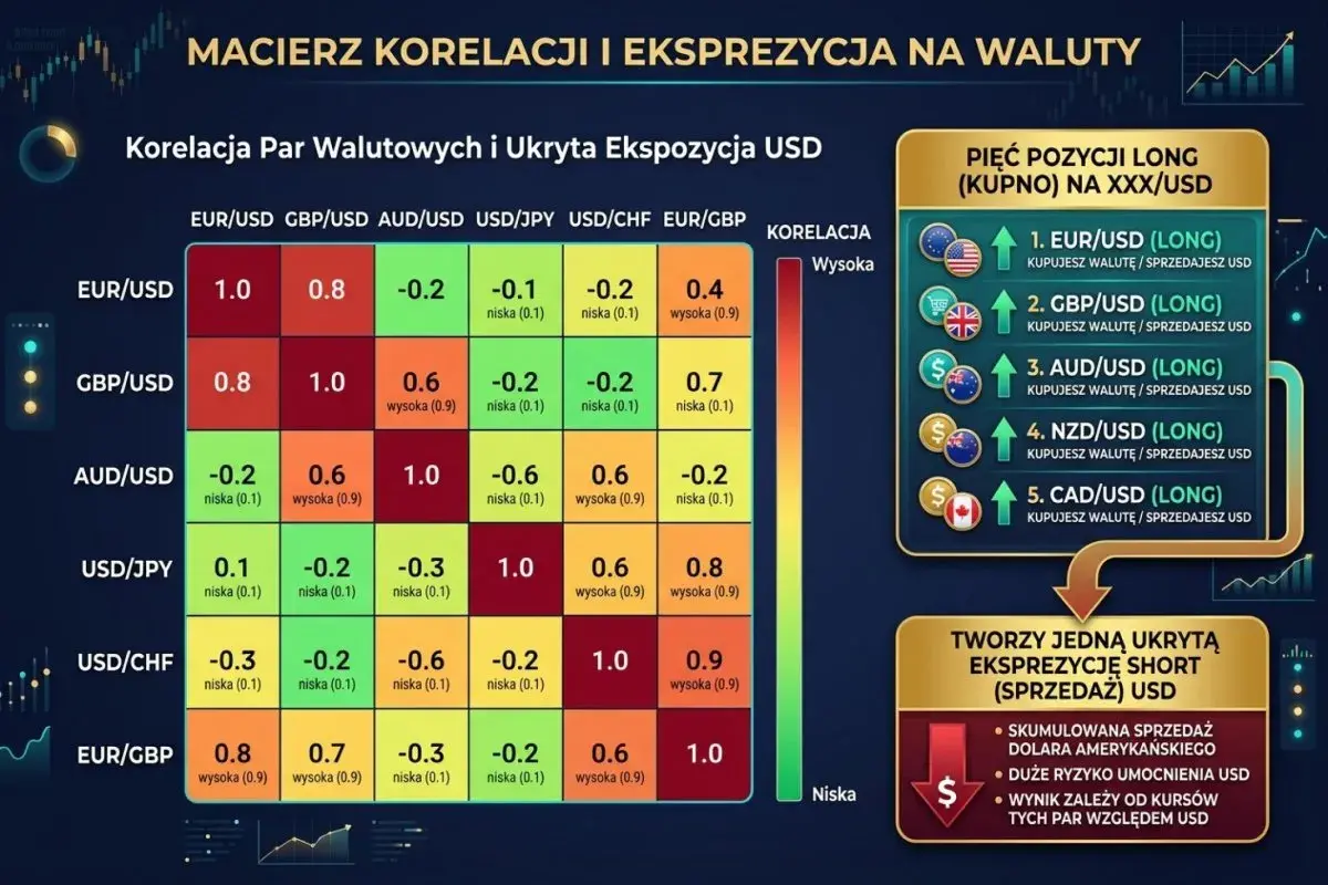 Macierz korelacji par walutowych, w tym EUR/USD, pokazuje relacje między walutami. Pięć pozycji long (kupno) na XXX/USD, np. EUR/USD, sugeruje strategię handlową.