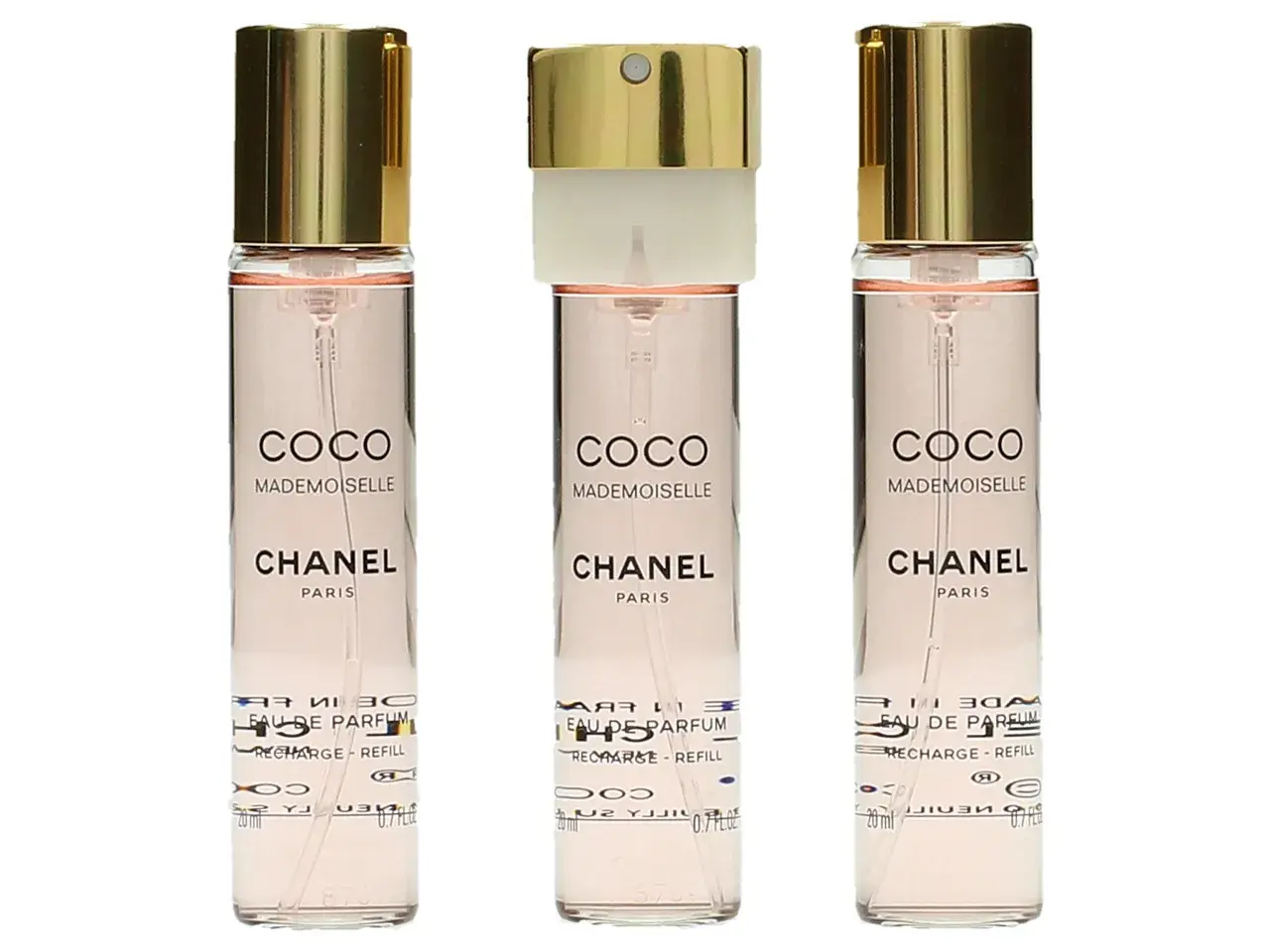 Trzy perfumetki Chanel Coco Mademoiselle z złotymi nakrętkami. Idealne dla każdej madmuazel po francusku.