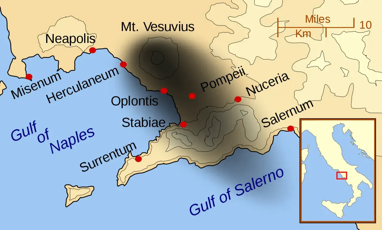Mapa okolic Wezuwiusza, pokazująca Pompeje, Herkulanum i inne miasta. Idealna do planowania zwiedzania.