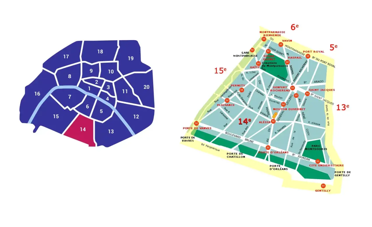Mapa Paryża z zaznaczonymi dzielnicami. 14 dzielnica Paryża wyróżniona kolorem różowym, otoczona innymi dzielnicami.