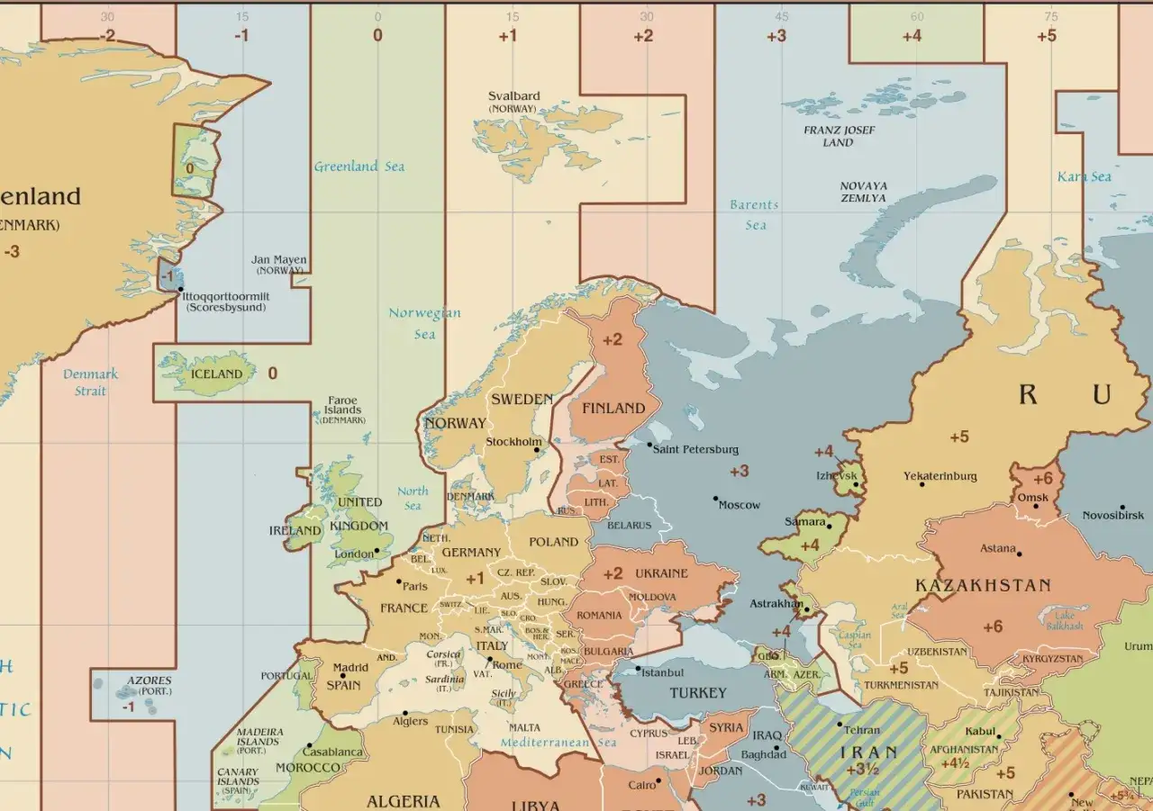Mapa stref czasowych. Francja jest w strefie +1, a Polska w +2. Czy we Francji jest ta sama godzina co w Polsce? Nie.