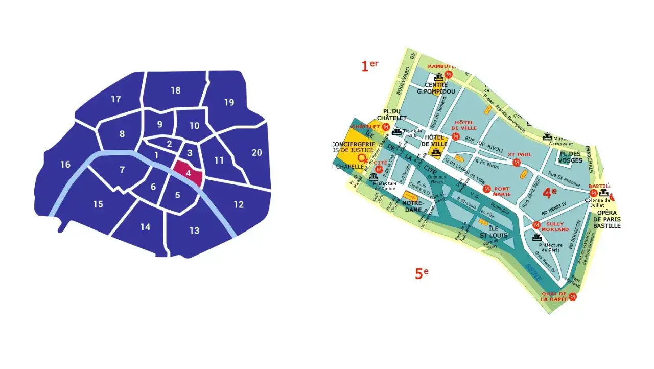 Mapa Paryża z zaznaczonymi dzielnicami. Czy 3 dzielnica Paryża jest bezpieczna? Mapa pokazuje 4. dzielnicę jako bezpieczną, z licznymi zabytkami.