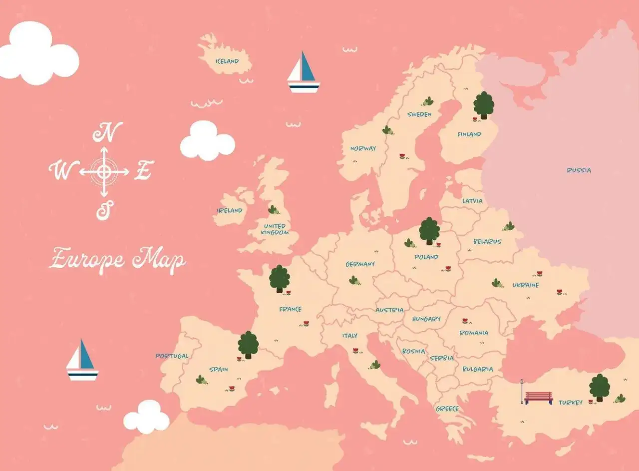 Mapa Europy z zaznaczonymi krajami, które warto zwiedzić, np. Francja, Włochy, Hiszpania.