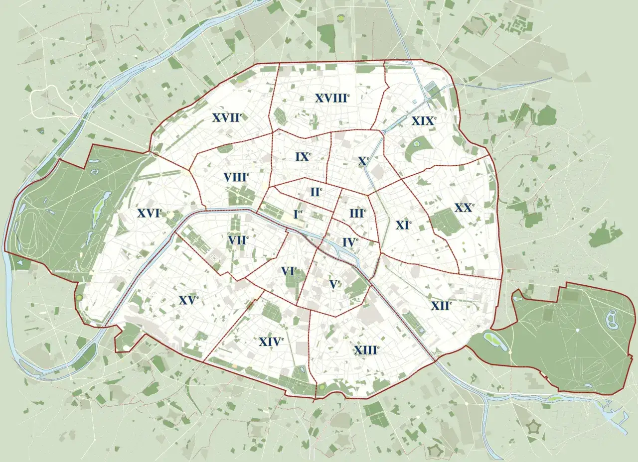 Mapa Paryża z zaznaczonymi 20 dzielnicami. Widać Sekwanę, parki i ulice. 14 dzielnica Paryża jest widoczna na mapie.