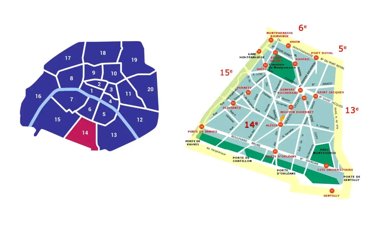 Mapa Paryża z zaznaczonymi dzielnicami. 14 dzielnica Paryża wyróżniona kolorem.