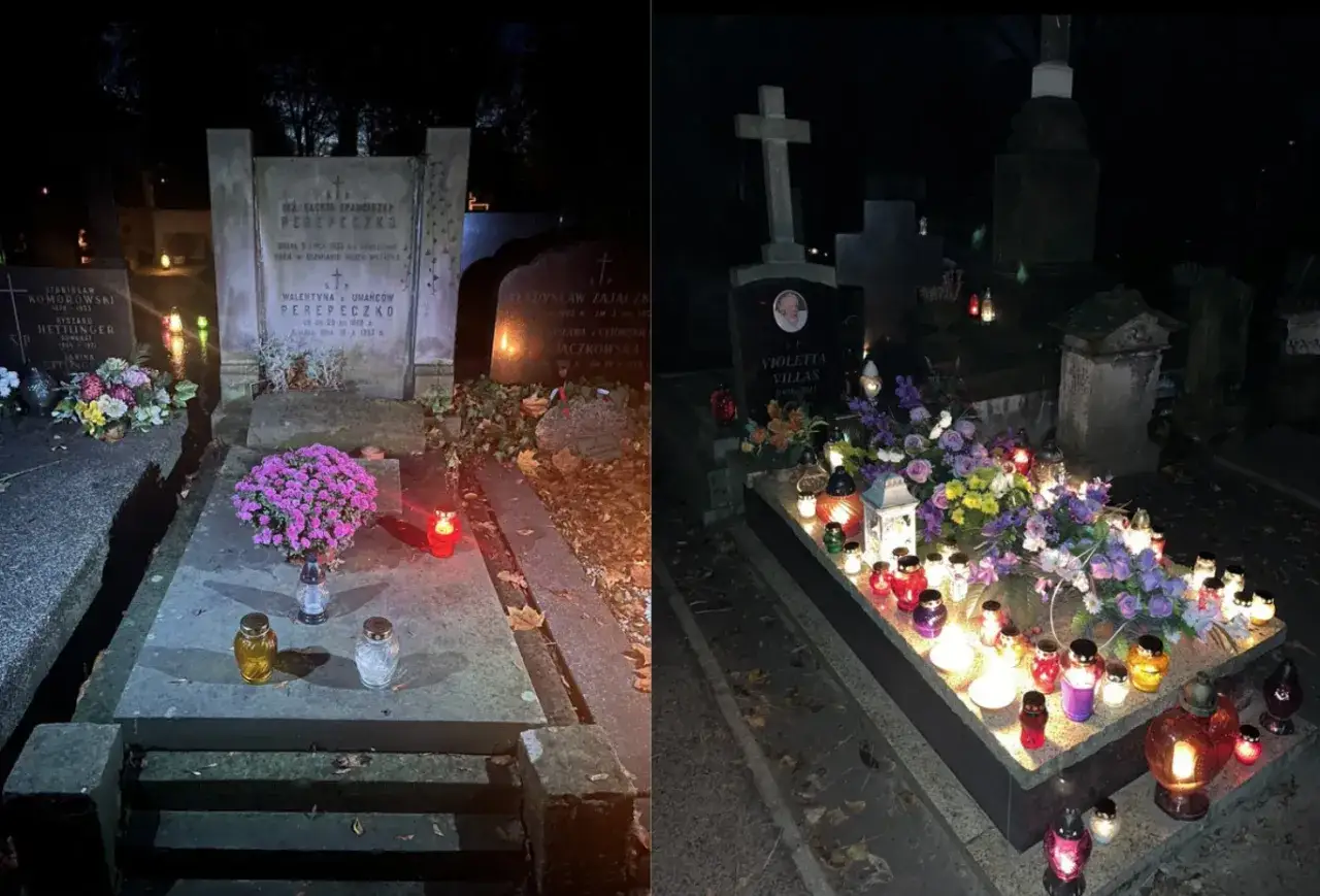 Nocny cmentarz w Paryżu. Groby ozdobione kwiatami i płonącymi zniczami, tworzącymi magiczną atmosferę zadumy.
