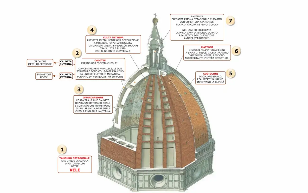 Przekrój Katedry Santa Maria del Fiore ukazuje jej dwuwarstwową kopułę, ciekawostki o konstrukcji i materiałach, w tym cegły i marmurowe żebra.