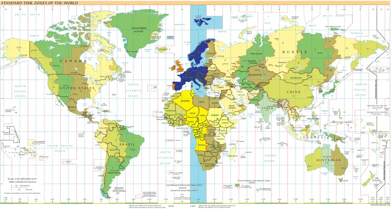 Mapa stref czasowych świata. Francja jest w strefie UTC+1, a Polska w UTC+1. Czy we Francji jest ta sama godzina co w Polsce? Tak.