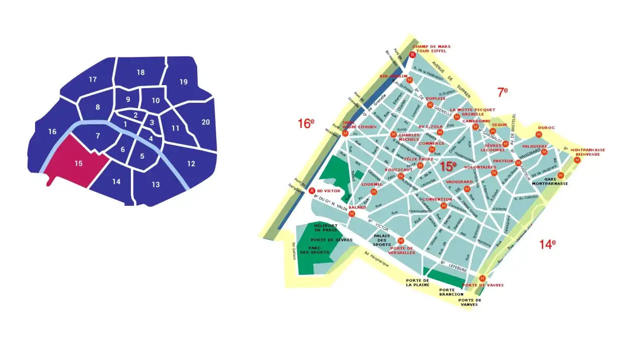 Mapa Paryża z zaznaczoną 15 dzielnicą. Czy 15 dzielnica Paryża jest bezpieczna? Mapa pokazuje jej położenie i główne ulice.