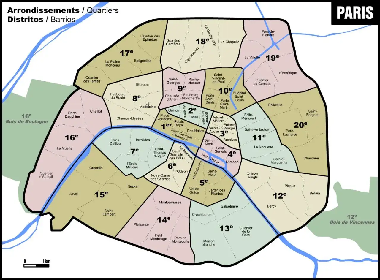 Mapa Paryża z zaznaczonymi dzielnicami (arrondissements). Szukasz informacji, gdzie najlepiej nocować w Paryżu? Zobacz, które dzielnice oferują najwięcej atrakcji.