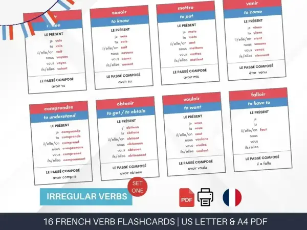 Fiszki z francuskimi czasownikami nieregularnymi, np. "je vois" (widzę), "tu sais" (wiesz).